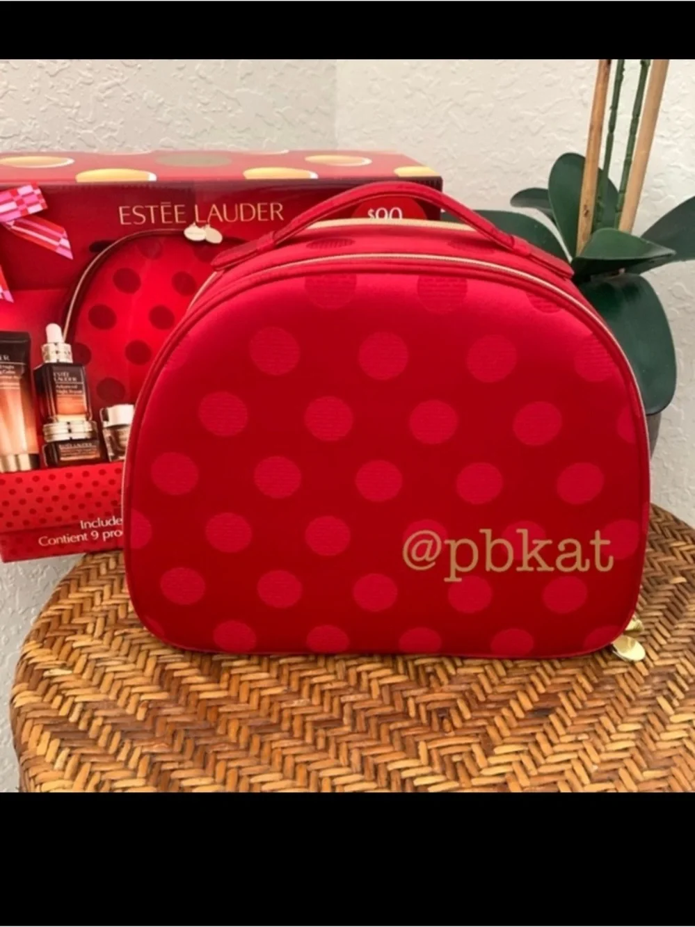 Estee Lauder Sateen Red Polka Dot Large Cosmetic Travel Case